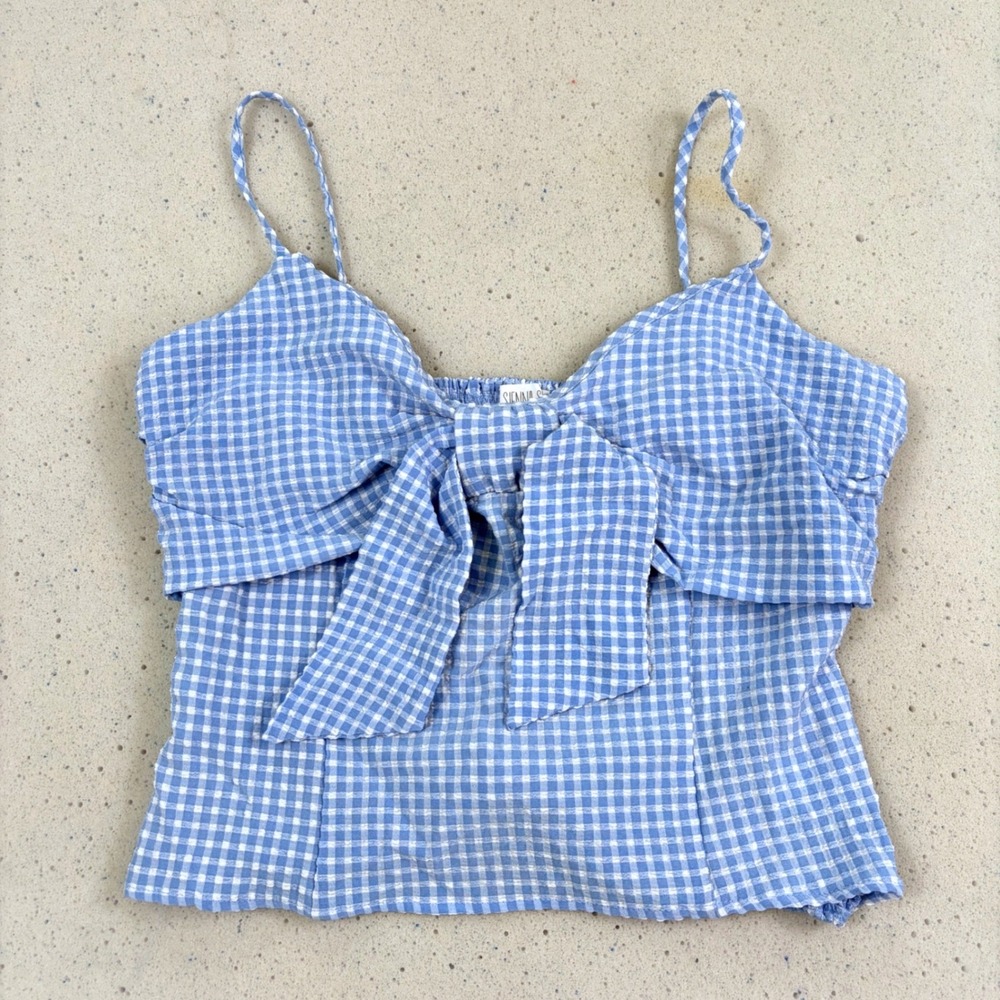 Sienna Sky Womens‎ Gingham Bow Top Blue White Coastal Cottagecore Coquette Large